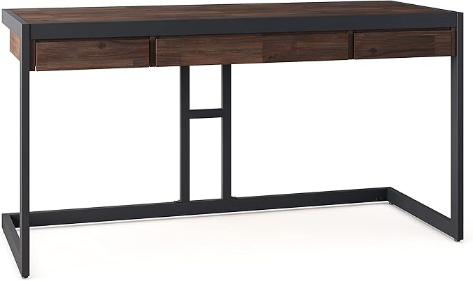 SIMPLIHOME Erina SOLID WOOD and Metal Modern Industrial 60 inch Wide Home Office Desk, Writing Table, Workstation, Study Table Furniture in Distressed Charcoal Brown with 2 Drawers