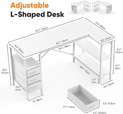 DUMOS L Shaped Desk with Drawers, Gaming Desk, 55 Inch | Power Outlet, Study Table, Adjustable Shelves, Home Office, Corner Computer Workstation, Bedroom, White