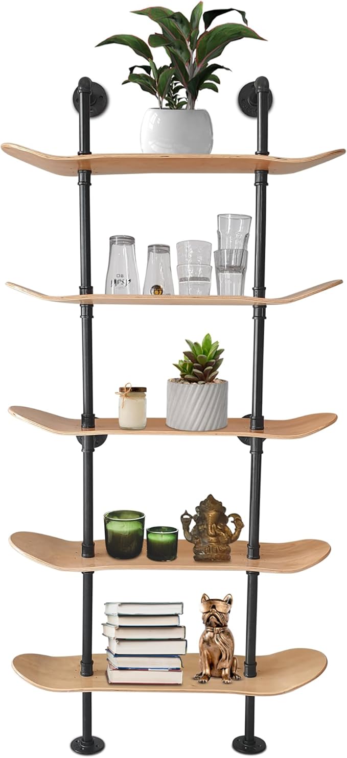 Industrial Shelves - 5 Tier Industrial Decor Pipe Bookcase Using 7 Ply Skateboard Decks - Natural Wood Stain Finish - Bathroom Wall Decor, Living Room Furniture, Book Shelf for Skateboard Enthusiasts