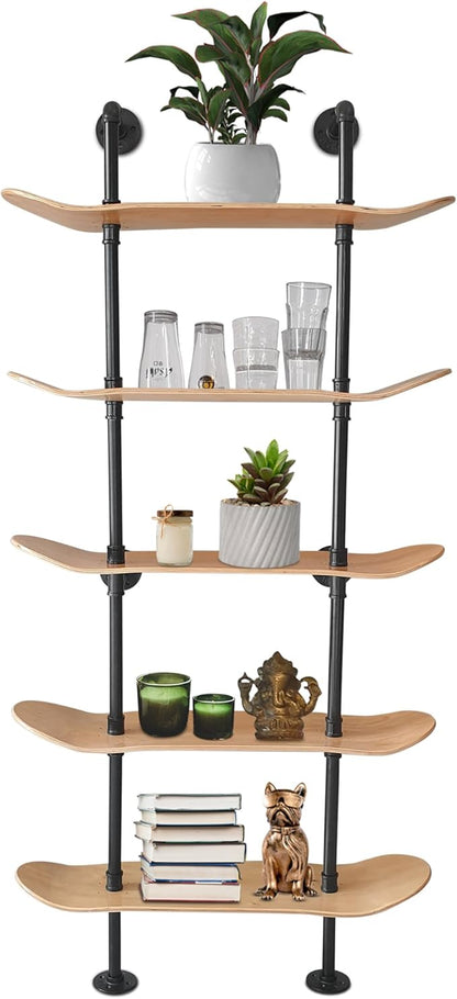 Industrial Shelves - 5 Tier Industrial Decor Pipe Bookcase Using 7 Ply Skateboard Decks - Natural Wood Stain Finish - Bathroom Wall Decor, Living Room Furniture, Book Shelf for Skateboard Enthusiasts