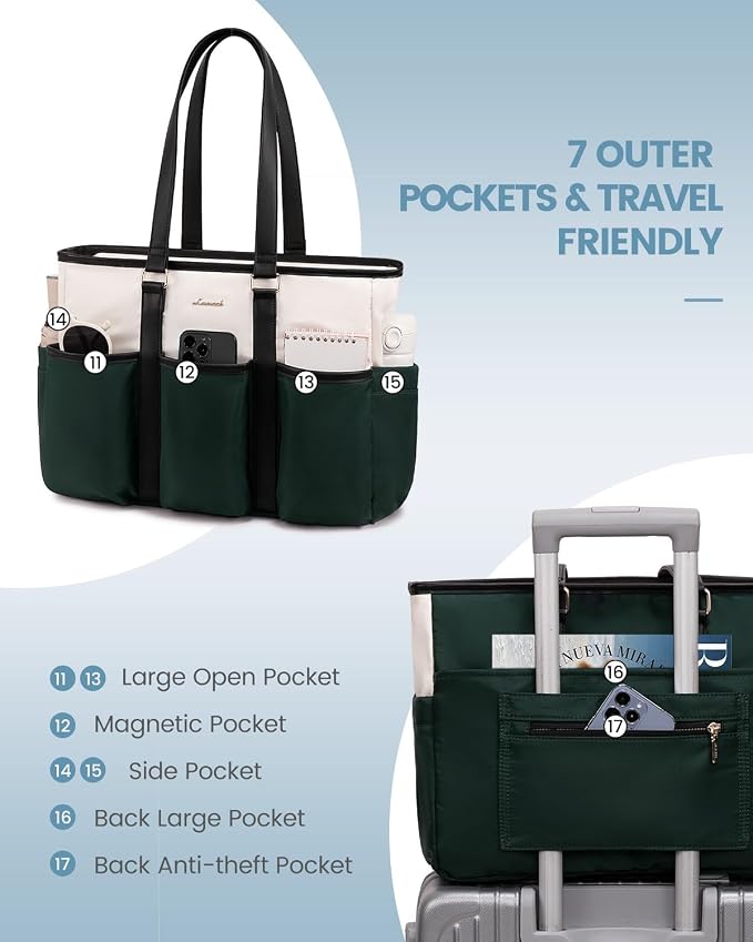 LOVEVOOK 17 Inch Laptop Tote Bag for Women Work, Teacher Tote Bag Nurse Bag, Large Purse Handbag With Trolley Sleeve & Large Cup Holder