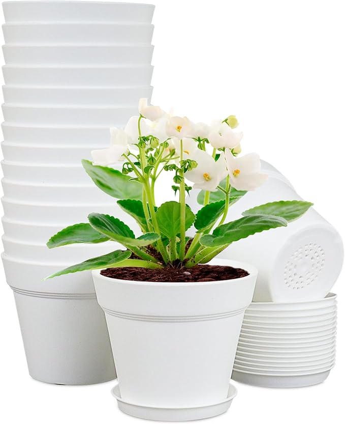 6 inch Plastic Nursery Pots, 16 Pack Plant Pots for Indoor Outdoor Plants, Flower Pots with Drainage Holes and Saucers, Decorative Seedling Starter Planters for House Plants, White