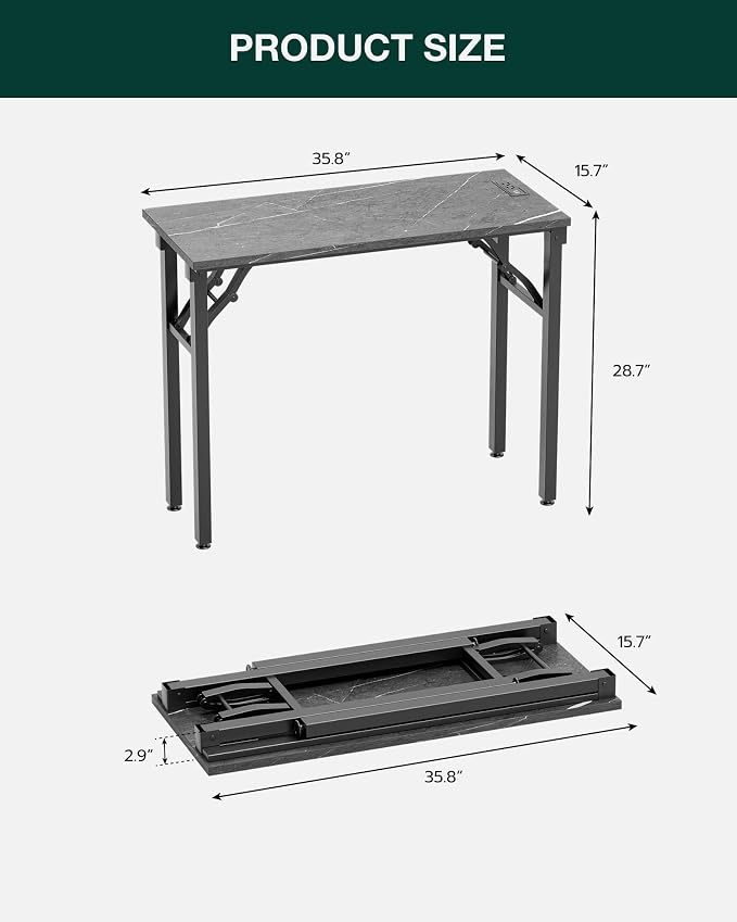Frylr Small Folding Computer Desk – 35.8 Inch Portable Table for Craft and Study, Lightweight Desk for Small Spaces, Foldable Laptop Table Built-in AC/USB Outlets for Convenience, Marble Greige