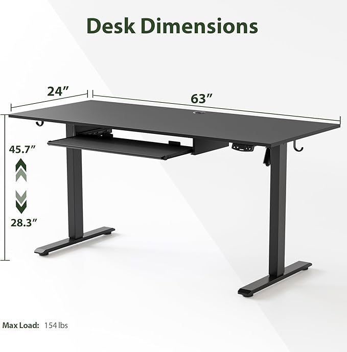 Height Adjustable Desk with Keyboard Tray, 63 x 24 Inches Electric Standing Desk, Stand up Computer Table with Memory Preset, Gaming Modern Lift Motorized Gaming Workstation, Black