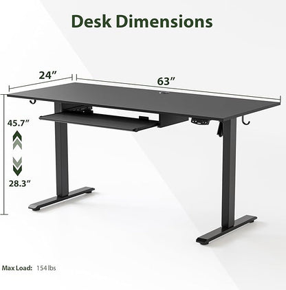 Height Adjustable Desk with Keyboard Tray, 63 x 24 Inches Electric Standing Desk, Stand up Computer Table with Memory Preset, Gaming Modern Lift Motorized Gaming Workstation, Black