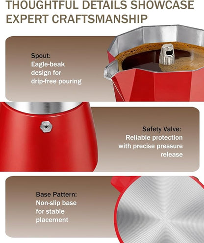 Coffee Maker Stovetop Espresso Maker 12 Cup Aluminum Moka Pot Percolator 20oz 600ml Easy Brewing for Electric Ceramic Stoves Home Camping Italian Cuban Café Classic Red