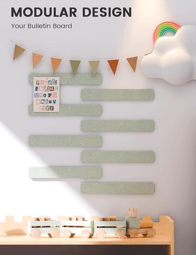 Fluxynara 13" x 2" Felt Wall Panels, Sage | 8-Pack Includes 50 Push Pins and Adhesive Tabs for Photos, Notes and Decor in Bedroom Doors, Home Office or Studios
