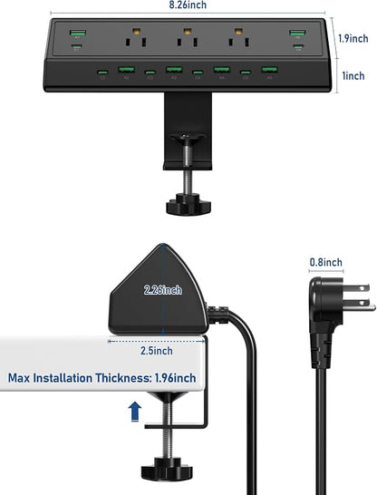 Jgstkcity 90W Desk Clamp Power Strip,12 USB Ports (6 PD 45W USB-C),Surge Protector,ETL Listed Power Hub Extension Cord,Fast Charging Station for Home Office Desk Edge Mount (Black,12 USB-90W)