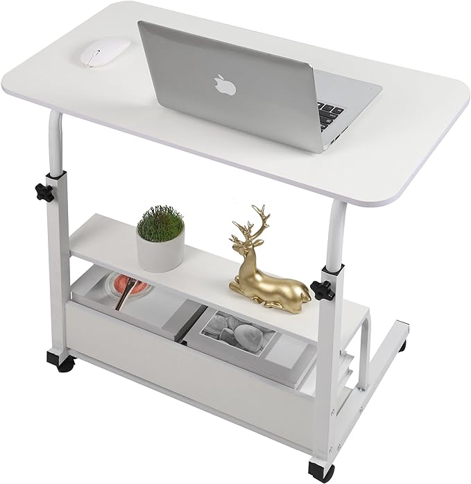 Height Adjustable Home Office Desk Movable Convenient Desk Small Spaces Computer Table Bedside Storage Desk Portable Desk Living Room Sofa Furniture Fashion Desk Size 15.7 * 31.5 Inch Pure White