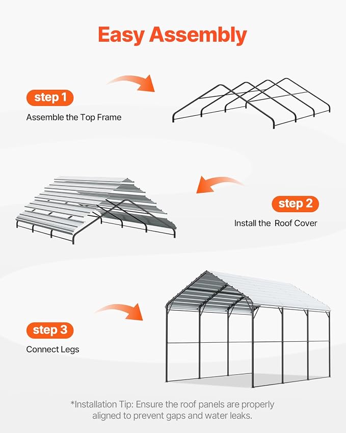 VEVOR Heavy Duty Metal Carport, 10' x 15' Outdoor Carport with Galvanized Steel Frame & Roof, Car Tent Garage Shade with Removable Sidewalls, Multi-Use Car Shelter for Pickup, Boat, Car & Tractors