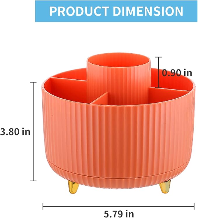 Marbrasse Desk Organizer, 360-Degree Rotating Pen Holder, Desk Organizers and Accessories with 5 Compartments Pencil Holder, Art Supply Storage Box Caddy for Office, Home（Orange）