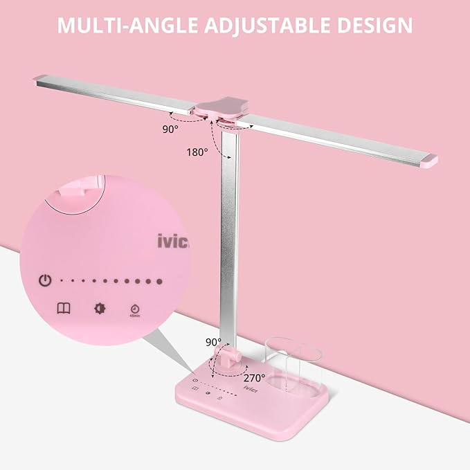 iVict LED Desk Lamp, Adjustable Table Foldable Lamp with USB Charging Port, 25 Lighting Modes, 45-Minute Auto Timer, Dual Swing Arm Desk Light with Pen Holde for Home Office/Study(Pink)