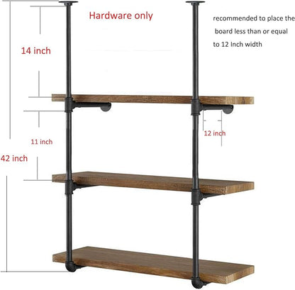 Yuanshikj 2Pc (42" tall 12" deep, 3/4") Industrial Wall Mount iron Pipe Shelf Shelves Shelving Bracket Vintage Retro Black DIY Open Bookshelf Storage Home Kitchen (2 Pcs 3Tier Hardware only)