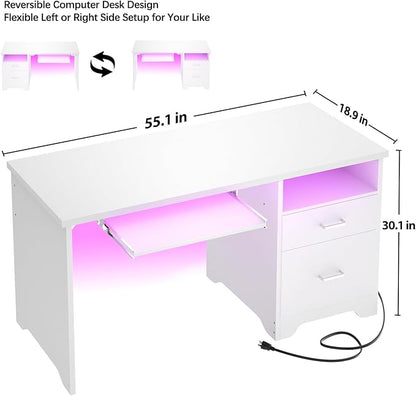 Reversible Computer Desk with File Drawers, 55 Inch Office Desk with RGB LED Light and Power Outlet, Sturdy Writing Desk with Keyboard Tray, Modern Study Table for Workstation Bedroom, White