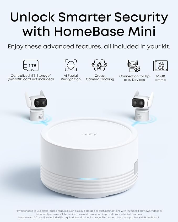 eufy Security Indoor&Outdoor Camera C31,2-Pack with HomeBase Mini(64GB Included),IP66,Spotlight-Free Color Night Vision,360°Pan&Tilt, AutoTracking,Human/Car/Pet/Cry Detection,24/7 Recording
