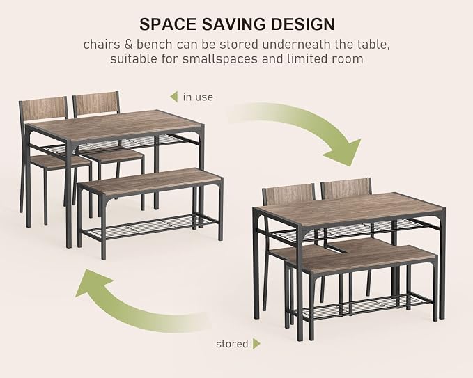 Gizoon Kitchen Table and 2 Chairs for 4 with Bench, 4 Piece Dining Table Set for Small Space, Apartment