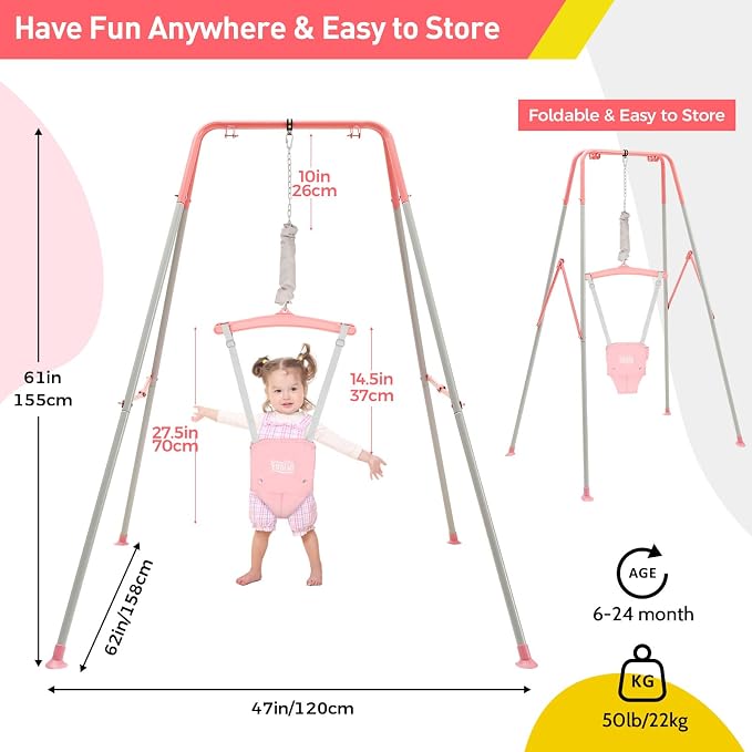 FUNLIO Baby Jumper with Stand for 6-24 Months, Infant Jumper for Indoor/Outdoor Play, Toddler Jumper for Baby Girl/Boy, with Adjustable Chain, Easy to Assemble & Store (with Stand) - Pink