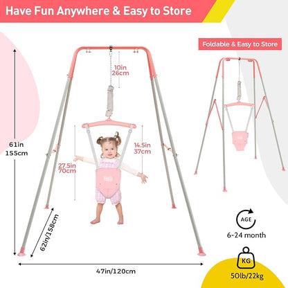 FUNLIO Baby Jumper with Stand for 6-24 Months, Infant Jumper for Indoor/Outdoor Play, Toddler Jumper for Baby Girl/Boy, with Adjustable Chain, Easy to Assemble & Store (with Stand) - Pink