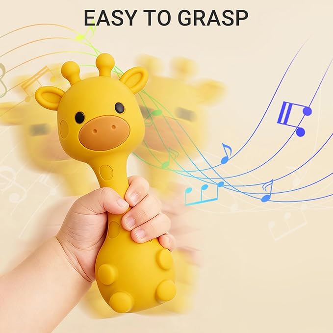 Giraffe Silicone Baby Teether Rattle Toy for 0-6 6-12 Months, BPA-Free Infant Teething Toy with Rattle Sound, Easy-Grip Design for Teething Relief (Dark Pink)