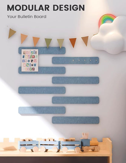 Fluxynara 13" x 2" Felt Wall Panels, Dusty Blue | 8-Pack Includes 50 Push Pins and Adhesive Tabs for Photos, Notes and Decor in Bedroom Doors, Home Office or Studios