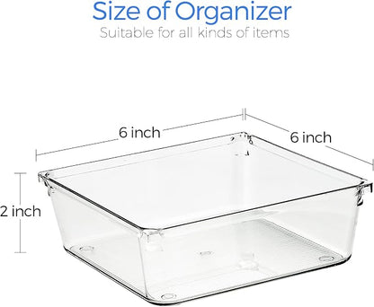 Ravinte 6 Pack Drawer Organizer, 6" x 6" Plastic Storage Bins | Acrylic Tray Design, Non-Slip Pads, For Makeup, Jewelry, Kitchen Utensils, Bathroom, Office Storage