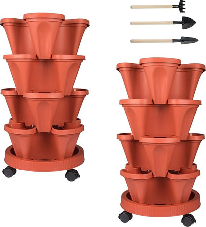 DUNCHATY Stackable Planters 4 Tier Vertical Garden Planting Tower Planters Strawberry, Herb, Flower, and Vegetable Planter Indoor Outdoor Gardening Pots with Removable Wheels and Tools, 2 Bundle