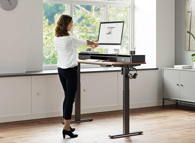 FEZIBO 48 x 24 Inch Height Adjustable Glass Electric Standing Desk with Double Drawer, Stand Up Desk with Storage Shelf, Sit Stand Desk, Black Walnut