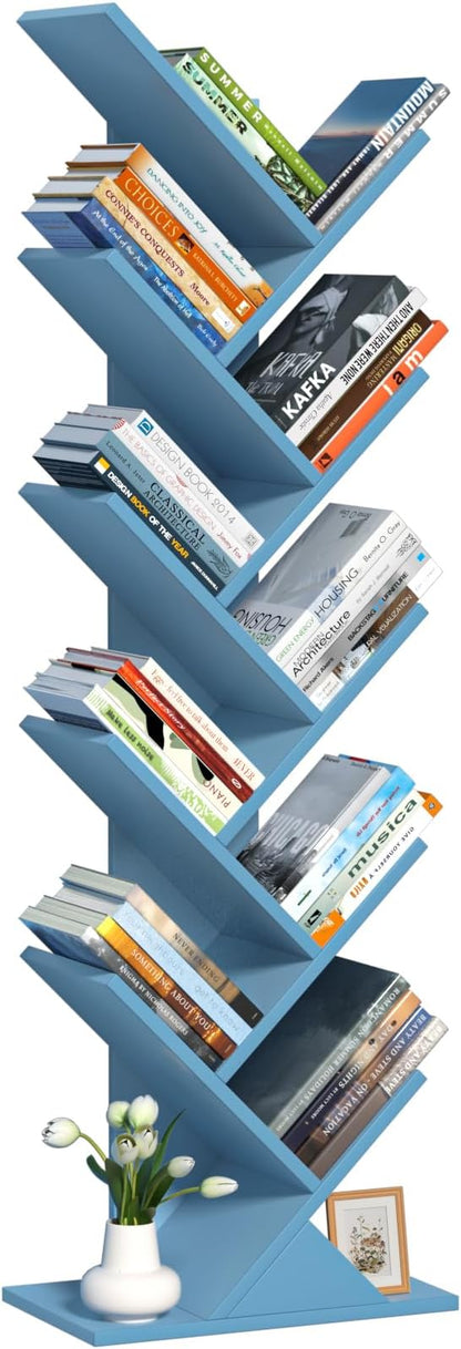 SHEEPAM 10 Tier Tree Book Shelf, Floor Standing Wood Bookshelf for Narrow Space, Storage Organizer Bookshelves for Books/CDs/Magazine, Bookcase with Shelves for Home Office, Living Room - Pure Blue