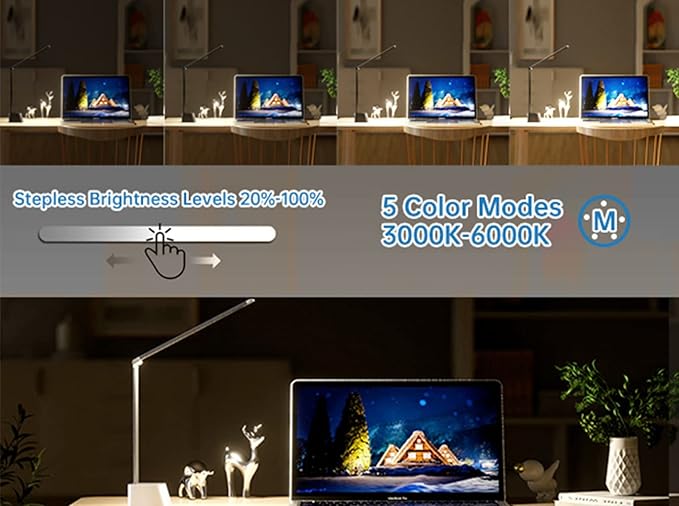 Ambertronix Rechargeable Cordless LED Desk Lamp, 5 Brightness & 5 Lighting Modes, USB Charging Port, Aluminum Arms, Portable, Dimmable, Touch Control, Auto Timer (White)