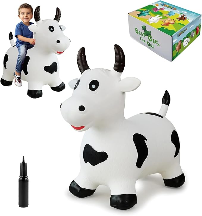 HotMax Bouncy Cow Hopping Horse Toys, Inflatable Bouncing Animal Hopper for Toddlers or Kids, Ride on Jumping Farm Toys for Boy or Girl Birthday Gift 2 3 4 Year Old (White Cow)