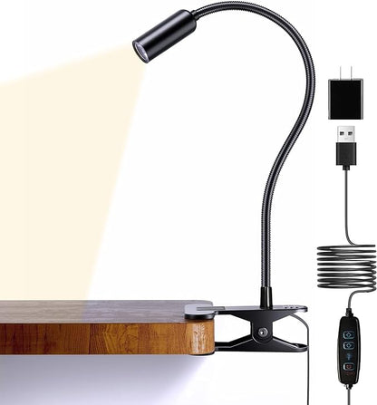 JHD Led Desk Lamp with Clamp - 10 Brightness Levels, 12" Flexible Gooseneck,USB Lamp - Suitable for Home Office, Reading, Bed Light,Quality Black Metal Clamp Light（includes charger adapter）
