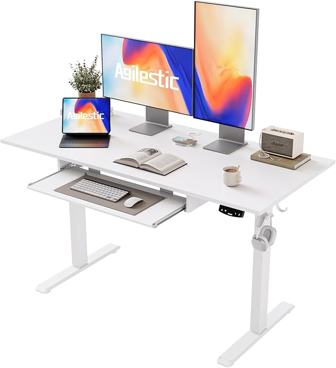 Height Adjustable Desk with Keyboard Tray, 48 x 24 Inches Electric Standing Desk, Stand up Computer Table with Memory Preset, Modern Lift Motorized Gaming Workstation, White
