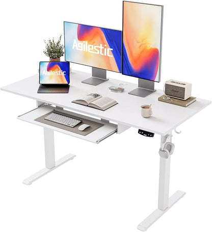 Height Adjustable Desk with Keyboard Tray, 48 x 24 Inches Electric Standing Desk, Stand up Computer Table with Memory Preset, Modern Lift Motorized Gaming Workstation, White