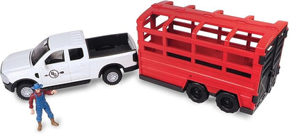 Big Country Toys: Truck & Cattle Trailer Adventure - 18pc Farm Toy Playset, Light-Sound White Pickup, Articulated Animals & Rancher Figure, Kids 3+