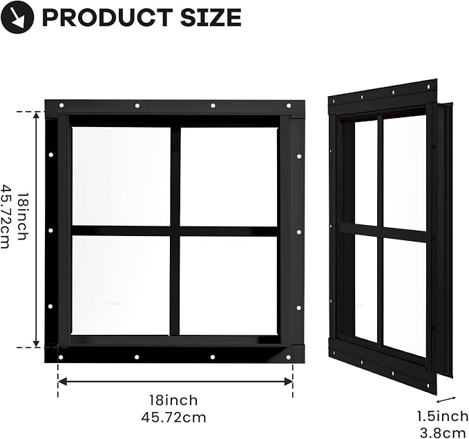 Shed Windows 2 Pack, Chicken Coop Fixed Windows 18" x 18" Black | Square Gable Flush Mounted Small Windows with Tempered Glass for Shed, Barns, Playhouse, Household, Garage