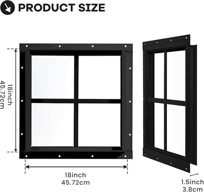Shed Windows 2 Pack, Chicken Coop Fixed Windows 18" x 18" Black | Square Gable Flush Mounted Small Windows with Tempered Glass for Shed, Barns, Playhouse, Household, Garage
