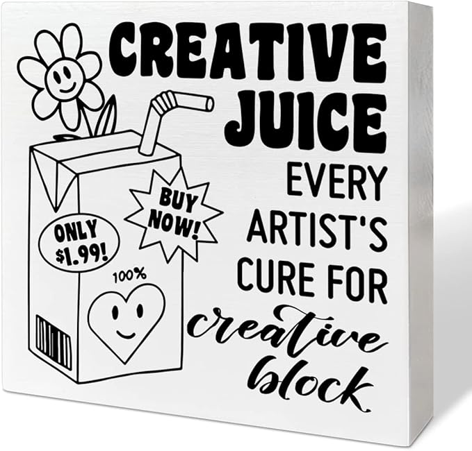 Retro Home Office Desk Wooden Box Sign Decor, Every Artist's Cure for Creative Block, Inspirational Quotes Desk Decor Motivational Desk Decorations for Women Men Student Office Classroom School
