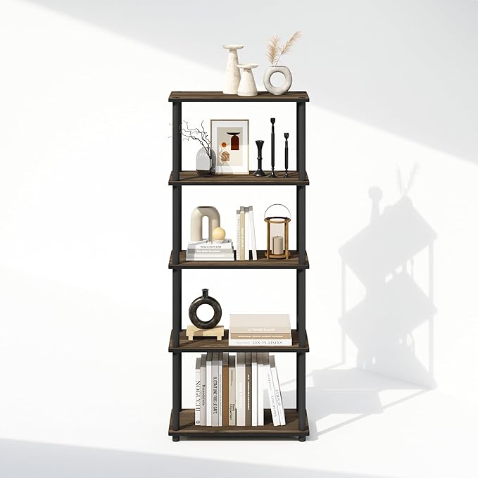 Furinno Turn-N-Tube 5-Tier Multipurpose Compact Display Rack, Shelving Unit, Bookcase, Columbia Walnut/Black