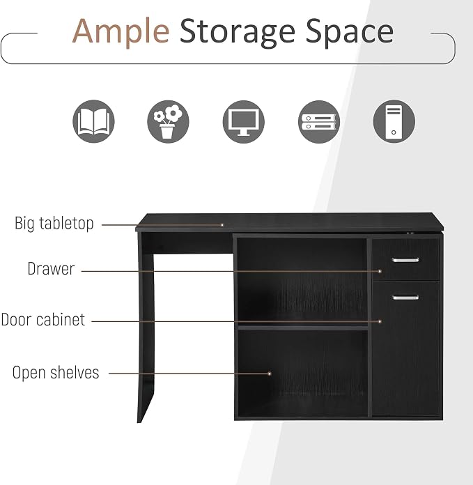 HOMCOM L Shaped Computer Desk 180° Rotating 47.25"x19.75"x 53.75", Black | Corner Desk, Storage Shelves, Drawer, Cabinet, Study Workstation, for Home Office