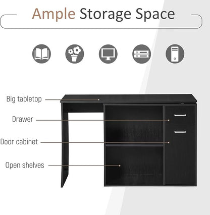 HOMCOM L Shaped Computer Desk 180° Rotating 47.25"x19.75"x 53.75", Black | Corner Desk, Storage Shelves, Drawer, Cabinet, Study Workstation, for Home Office