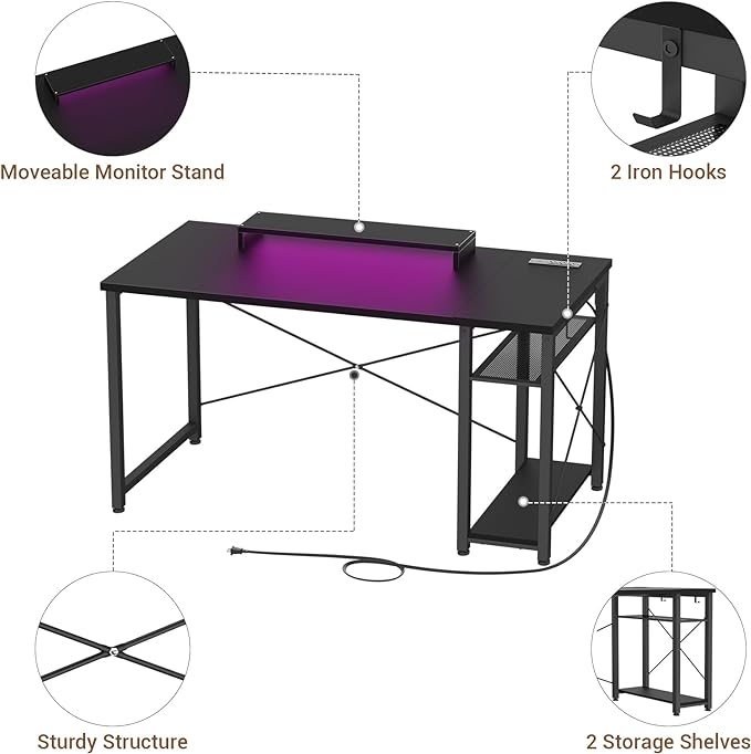 armocity 47 Gaming Computer Desk with LED Lights, Power Outlet and USB, Reversible Laptop Table with Moveable Monitor Stand for Small Spaces, Office, Gaming Room, Black