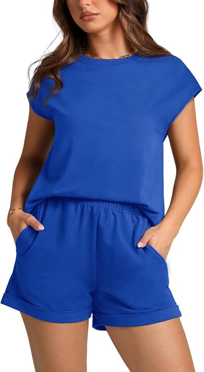 WIHOLL 2 Piece Sets for Women Casual Summer Travel Vacation Outfits Cap Sleeve Shorts Lounge Set