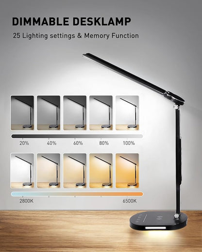 LED Desk Lamps for Home Office, Double Head Table Lamp with Wireless Charger, USB Charging Port, Clock, Alarm, Date, Temperature, Bedside Nightstand Light with Night Light for Bedroom Reading 14W