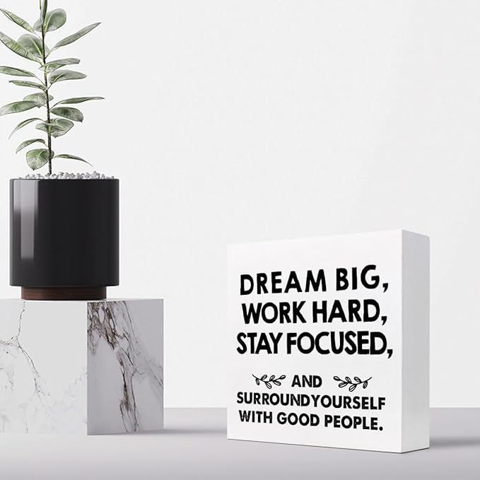 Motivational Wood Box Sign Desk Decor,Dream Big Work Hard Stay Focused Wood Plaque Signs,Rustic Positive Wooden Block Sign Decor for Office Workplace Classroom Shelf Table Decoration C1077