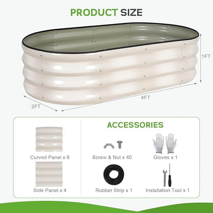 Galvanized Raised Garden Bed Outdoor - 4×2×1ft Planter Raised Beds for Gardening | Oval Metal Garden Planter Box with Safety Edging and Gloves for Vegetables Fruits and Flowers - White
