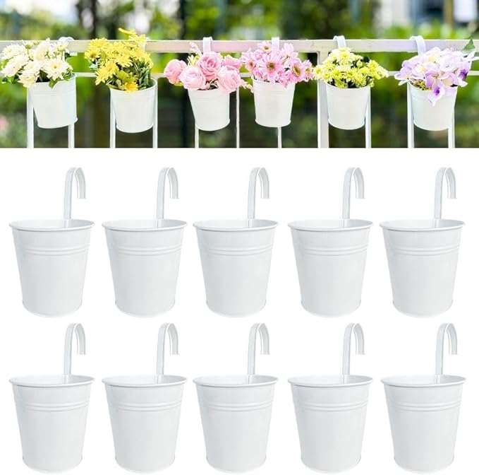 LaLaGreen Hanging Planters - 10 Pack, 4 Inch Balcony Railing Hanging Herb Garden Wall White Metal Bucket Fence Planter for Outdoor Plants Flower Pot Deck Rail Porch Window Box Hooks Macetas Colgante