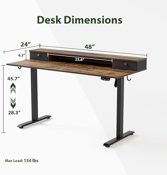 Electric Standing Desk with 2 Drawers, 48 x 24 Inches Height Adjustable Desk, 2 fabric drawers, Rustic Brown