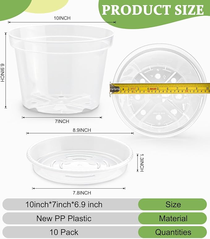 10 Pack 10 Inch Clear Nursery Pots with Saucers, Transparent Sturdy Plastic Plant Pots, Large Gardening Pots with Drainage Hole, Planting Starter Pot for Indoor Outdoor Flowers Herbs Vegetables