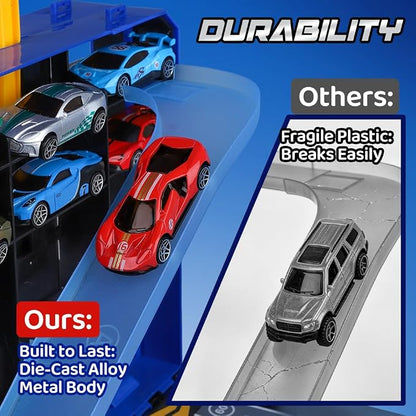 Drefirsa 24 in 1 Race Car Track Set, Toy Cars for Boys Age 3-5 4-7 | 8pcs 1:64 Diecast Vehicle, 2 Launchers, Race Track, Portable Storage Case, Outdoor Indoor Play, Gift for 3 4 5 6 Year Boy