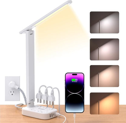 One Beat Small LED Desk Lamp Power Strip 5ft Extension Cord with 3 Outlets 4 USB Ports(2 USB C), 4 Modes, 5 Level Touch Lamp Study Reading Light, Home Office Bedroom College Dorm Room Essentials,White | One Beat 4 Modes 5 Level Brightness Touch Lamp, S...